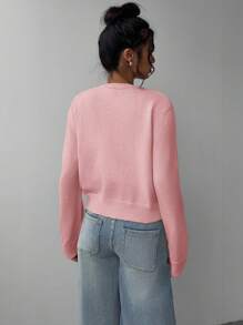 SHEIN BASICS Ladies' Casual Solid Color Round Neck Long Sleeve Loose Cropped Cardigan,Tops For School In Fall/Winter - Pink - View 2
