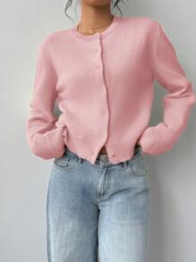 SHEIN BASICS Ladies' Casual Solid Color Round Neck Long Sleeve Loose Cropped Cardigan,Tops For School In Fall/Winter - Pink - View 4