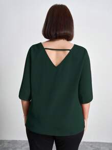 Chikora V-Neck Plus Size Open Slit Sleeve Solid Color Fall Women Shirt,Office Outfits For Women