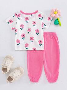 SHEIN Toddler Girls Cute Floral Print Short Sleeve T-Shirt And Elastic Waist Pants Set, Casual Spring/Autumn Outfit For Outdoor Play Or Daily Wear, Comfortable & Versatile - Pink - View 2