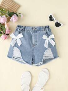 Girls Loose Distressed Washed Denim Shorts With Bowknot Decor, Versatile And Simple Fashion Design, Suitable For Daily Wear - Light Wash - View 4