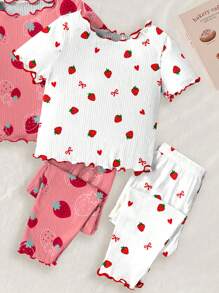 SHEIN Leap Crew 4pcs/Set Baby Girls Strawberry Pattern Casual & Cute Homewear Set With Ruffle Trim Contrast Color, Suitable For Summer - Multicolor - View 3