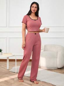 RueChic Femmes 2 Pièces Bas de pyjama de base avec détails de passepoil et de bordure en laitue en couleurs contrastées