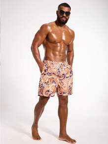 Surfspeed Plus Size Men's Botanical Print Drawstring Waist Beach Shorts - Multicolor - View 3