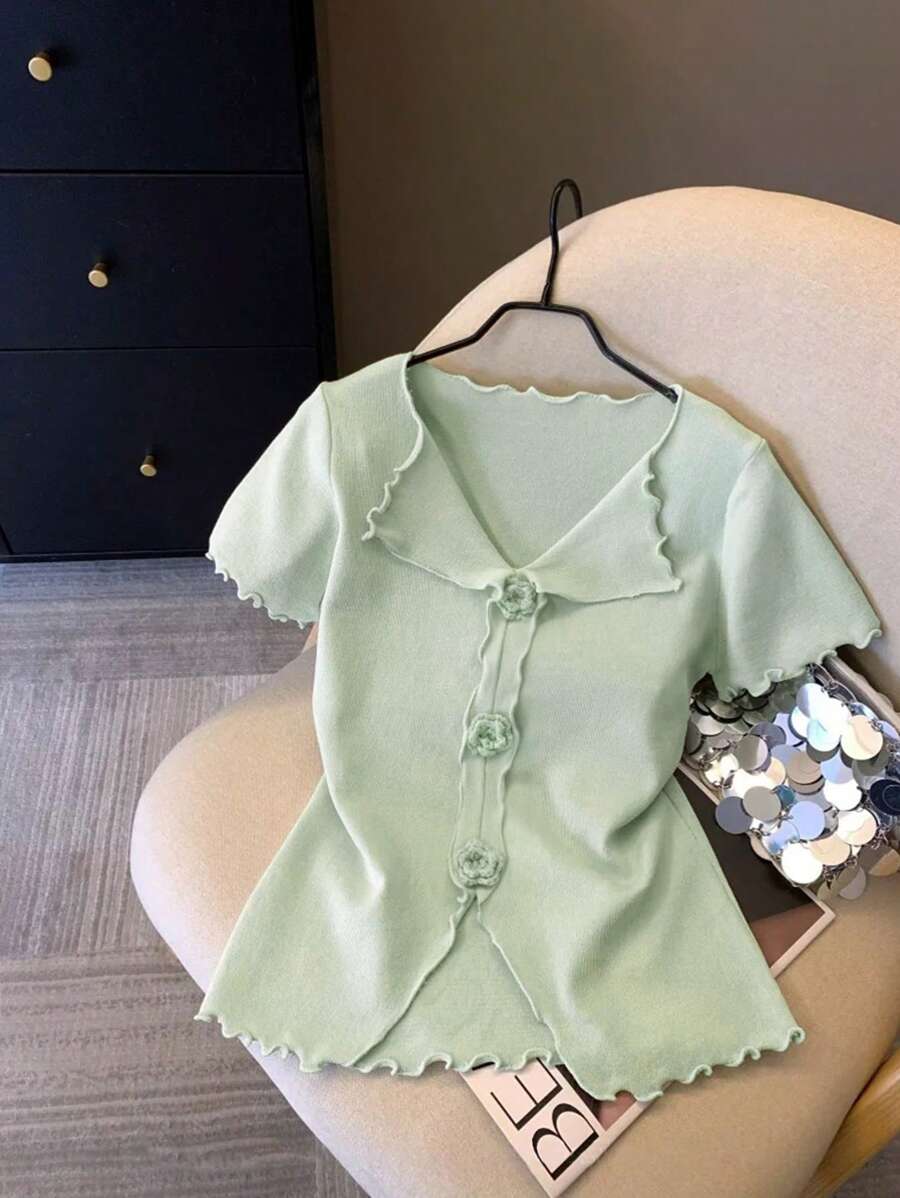 SHEIN Unity 女式V领3D花朵装饰修身针织上衣 - 薄荷綠 - 查看 1