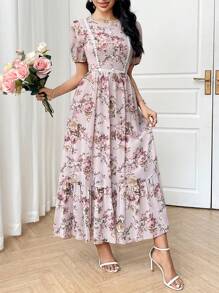 Modelyn Crew Neck Cinched Waist Flared Chiffon Floral Print Dress - Pink - View 3