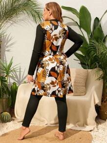 Swim Mulvari Plus Size Women's 2-Piece Leaf Print Long Sleeve Rash Guard & High Waisted Modest Separate Burkini Swimsuit Set For Summer Beach Vacation - Multicolor - View 2