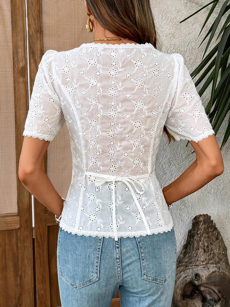 Women's Embroidered Round Neck Short Puff Sleeve Single-Breasted Casual Shirt  Summer Tops White  Classy Elegant