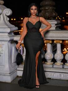 Slaydiva 2024 New Easter/Western/Valentine's Day Dress/Prom Dress/Wedding Guest Dress For Women/Concert Outfit For Women/Cruise Attire For Women/Festival Outfit For Women, Elegant Party Sexy Suspender Waist, See-Through High Slit To Mid-Thigh, Slim Glossy Red Maxi Skirt For Women, Maxi Dress - Size M,Summer Outfits For Women - Black - View 7