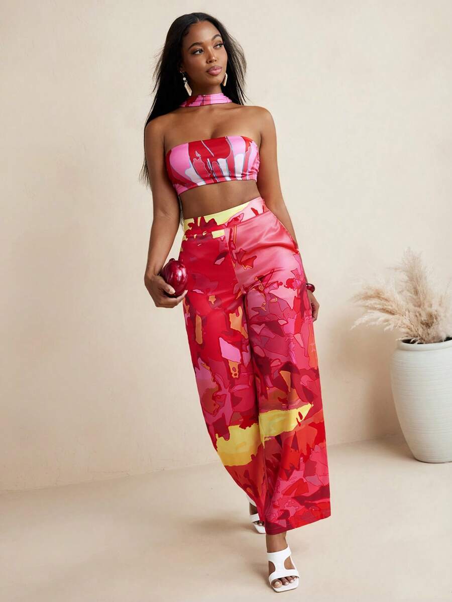 Eva Novielli Summer Colorful Printed Satin High-Waist Wide Leg Floor Length Pants Women Casual Pants Women Summer Clothes - Multicolor - View 1