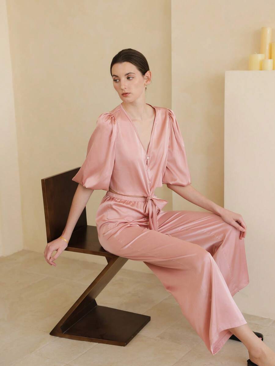 法式优雅缎面系带魅力女士睡衣套装 - 藕粉色 - 查看 1