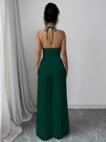 SHEIN Privé 女士优雅杏色露背系带镂空水钻蝴蝶结褶皱阔腿连体裤