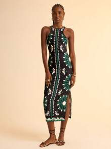 CAJUNI Women Boho Tropical Print Sleeveless Criss-Cross Fitted Dress, Black Casual Holiday Dress Summer Dresses For Women - Multicolor - View 9