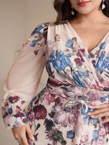 Modelyn Plus Size Women Floral Print Surplice V-Neck Lantern Sleeve Elegant Dress,Flowy Dress - Multicolor - View 8