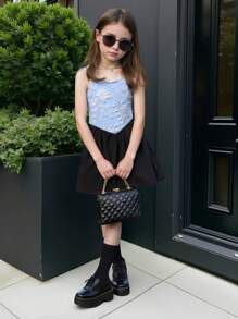 SHEIN Young Girls' Dreamy Blue Embossed 3D Floral Pattern Camisole Top, Versatile Daily Wear Piece - Blue - View 3