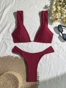 2pcs Pearl Button Thick Strap V Neck Sexy Holiday Bikini Swimsuit Set For Women For Summer Beach Vacation - Burgundy - View 2