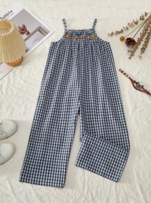 SHEIN Elladie kids Young Girl Plaid Cherry Embroidered Wide Leg Jumpsuit With Suspenders - Multicolor - View 5