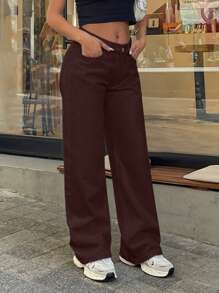 EURMUSE 100% Cotton LOW RISE WIDELEG CUT WHITE JEAN - Brown - View 3