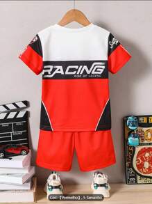 Young Boy Casual Simple Pattern Short Sleeve Round Neck T-Shirt And Shorts Set, Suitable For Summer - Red - View 2