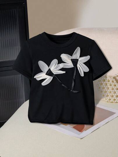 女童3D立体花卉图案短袖休闲优雅T恤