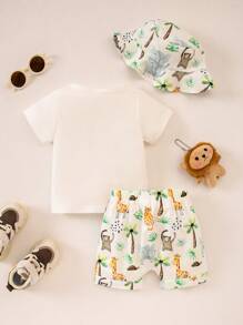 SHEIN Playful Pals Set 2 Potong Baju Hoodie Lengan Pendek dan Celana Pendek Bermotif untuk Bayi & Balita Laki-laki, Musim Semi/Panas - MultiWarna - View 2