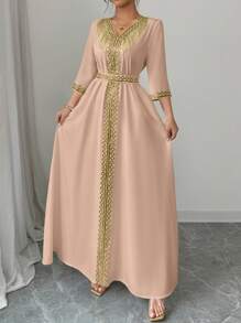 Elenzga 女士优雅流苏亮片拼布连衣裙 - 卡其色 - 查看 3