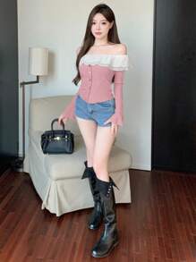 DAZY Party Valentine's Day Lace Trim Shoulder Exposed Contrast Color Ruffle Hem Long Sleeve T-Shirt For Women,Off Shoulder Top,Fall Women Clothes - Pink - View 2