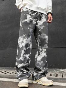 Manfinity EMRG Men's Pocketed Button Design Straight Loose Camo Pants, - Dark Grey - View 4