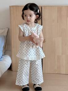 Dazy Kids Set de cămașă și pantaloni cu picioare largi, bluză cu imprimeu integral, cu volante, pentru fete