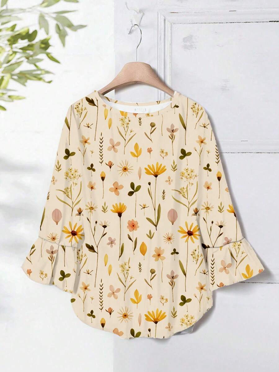 Rusticease 女士花卉印花圆领休闲度假衬衫，适合春夏季 - 彩色 - 查看 1