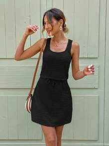 SHEIN LUNE Square Neck Drawstring Waist Textured Fabric Sleeveless Casual Vacation Elegant Pullover Mini Dress For Women - Black - View 6