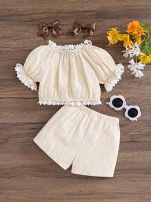 SHEIN Baby Girl Fit Casual Simple Comfort Round Neck Flower Pattern Embroidered Shirt Shorts Two Pieces Set - Apricot - View 2