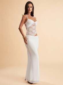 SHEIN BAE Summer Beach Vacation Solid Black Lace Sexy See-Through Suspender Maxi Dress, Suitable For Daily Dating, Night Out, Nightclubs, Parties, Get-Togethers, Cocktail Parties, Pool Parties, Back-To-School Season Clothing, School Season Dresses, Holiday Dresses Women's Dresses Dresses For Wedding Event - White - View 6