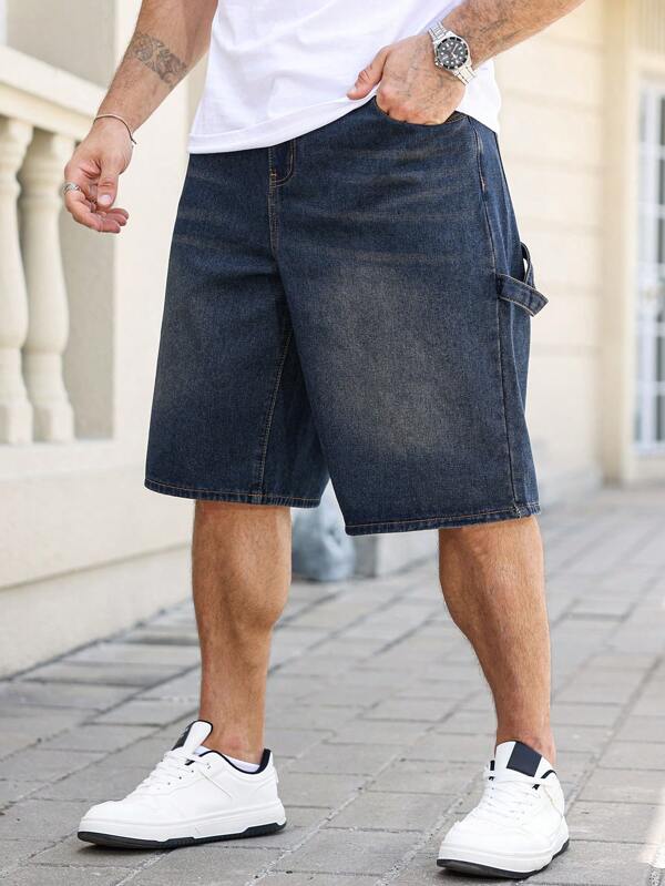 Manfinity Homme Plus Size Men Jean Shorts Men's Casual Washed Wide Leg Denim Shorts