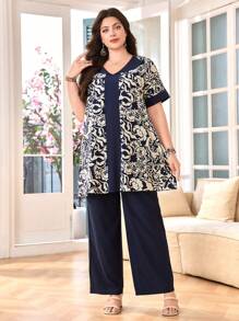 Lacomfia 2pcs Women Plus Size Random Floral Print Patchwork Short Sleeve Top & Solid Color Pants Set