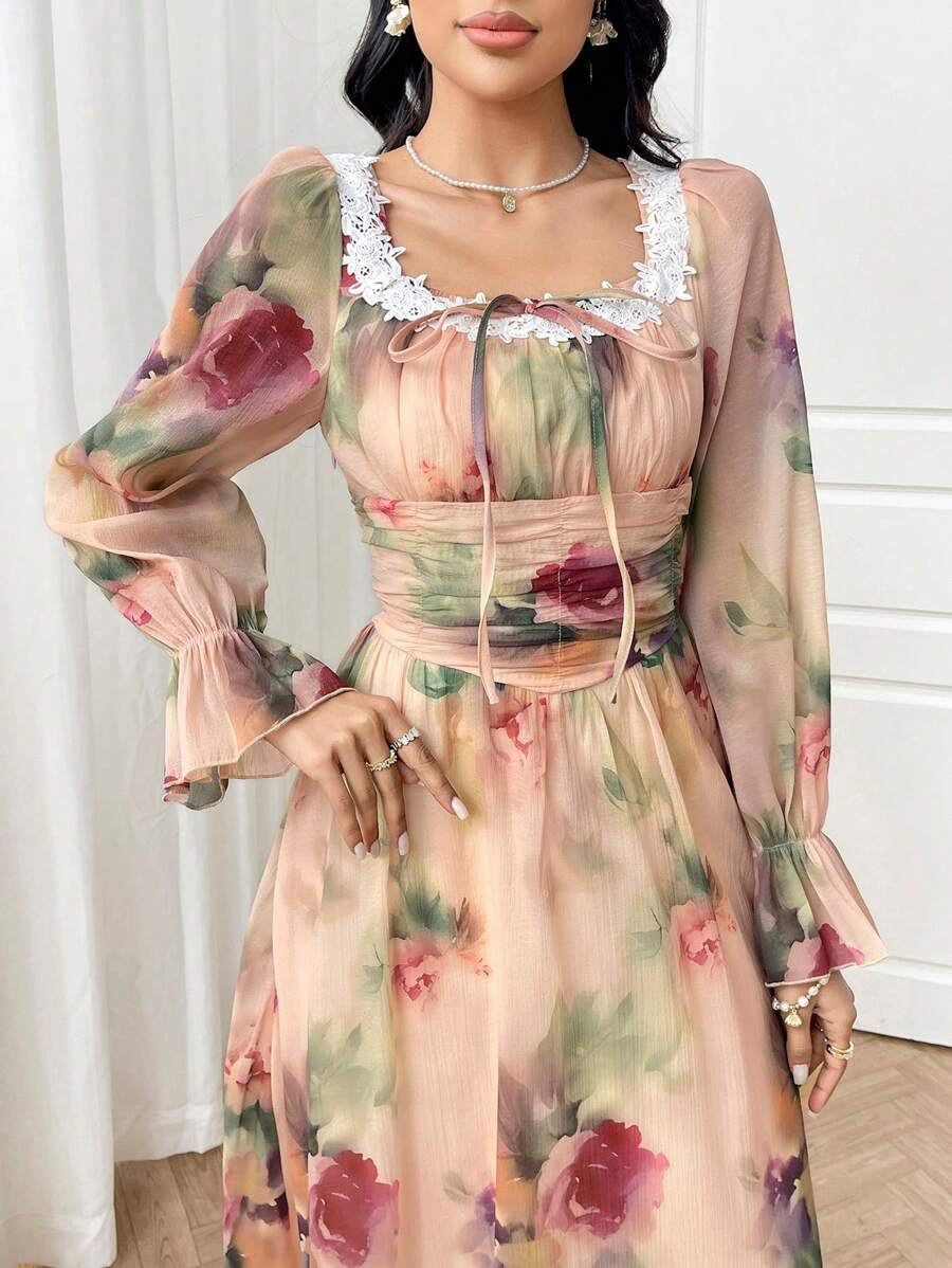 Modelyn Vestido de manga larga con estampado floral menudo en estilo retro francés, vestido primaveral de talla grande encantador y favorecedora - Multicolor - Ver 1