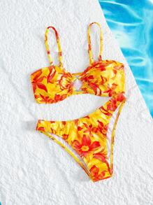 Swim Vcay Sexy Tropical Floral Metal Accessory Spaghetti Strap Bandeau Bikini Set, For Summer Holiday - Multicolor - View 5