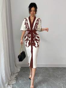 Elenzga Women's Plant Print V-Neck Short Sleeve Slim Fit Elegant Midi Dress, Suitable For Vacation - Rust Brown - View 4