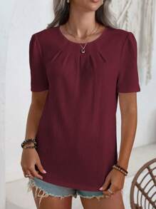 EMERY ROSE Women's Simple Solid Color Puff Sleeve Casual Shirt, Summer - Burgundy - View 4