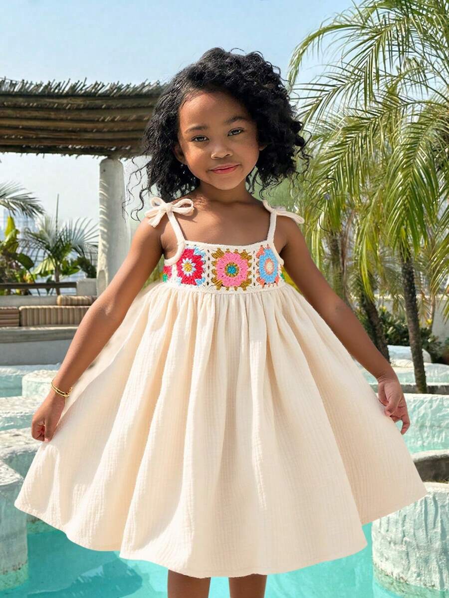SHEIN Young Girl Woven Solid Color Splicing Ribbon Strap Sleeveless Dress - Apricot - View 1