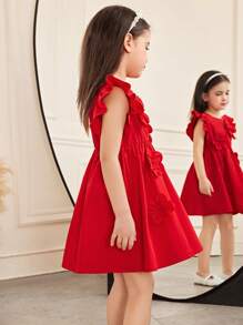 SHEIN Vestido elegante con ajuste entallado y decoración floral 3D, mangas de campana y bajo con volantes, para un estilo casual de vacaciones para niñas jóvenes - Rojo - Ver 4