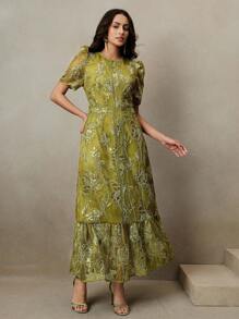 Anewsta Women's Elegant Floral Lace Patchwork Beaded Decor Round Neck Short Sleeve Dress - Green - View 3
