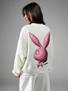 Missguided x Playboy Classic Bubble Letter Logo Sweatshirt Loungewear Set With Bunny Back Print Oversized Athleisure Streetwear Winter Cozy Casual - White - View 2
