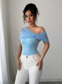 Rafferiza 露肩蓝色优雅经典短袖女式T恤 - 藍色 - 查看 3