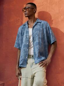 Maija 2025 春夏新款蓝色仿牛仔提花镂空面料中式领短袖衬衫，休闲时尚，适合商务、海滩、度假、派对等场合，适合男士 - 藍色 - 查看 1