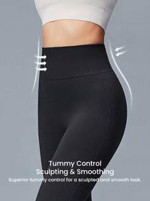 LUVLETTE Women's Black Seamless Wide Waistband Waist Elegance Yoga Fitness Active Gym Basic Leggings - Black - View 4