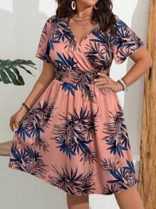 Franclia Vestido informal casual de talla grande para mujer con estampado de plantas tropicales y cinturón, ropa de resort