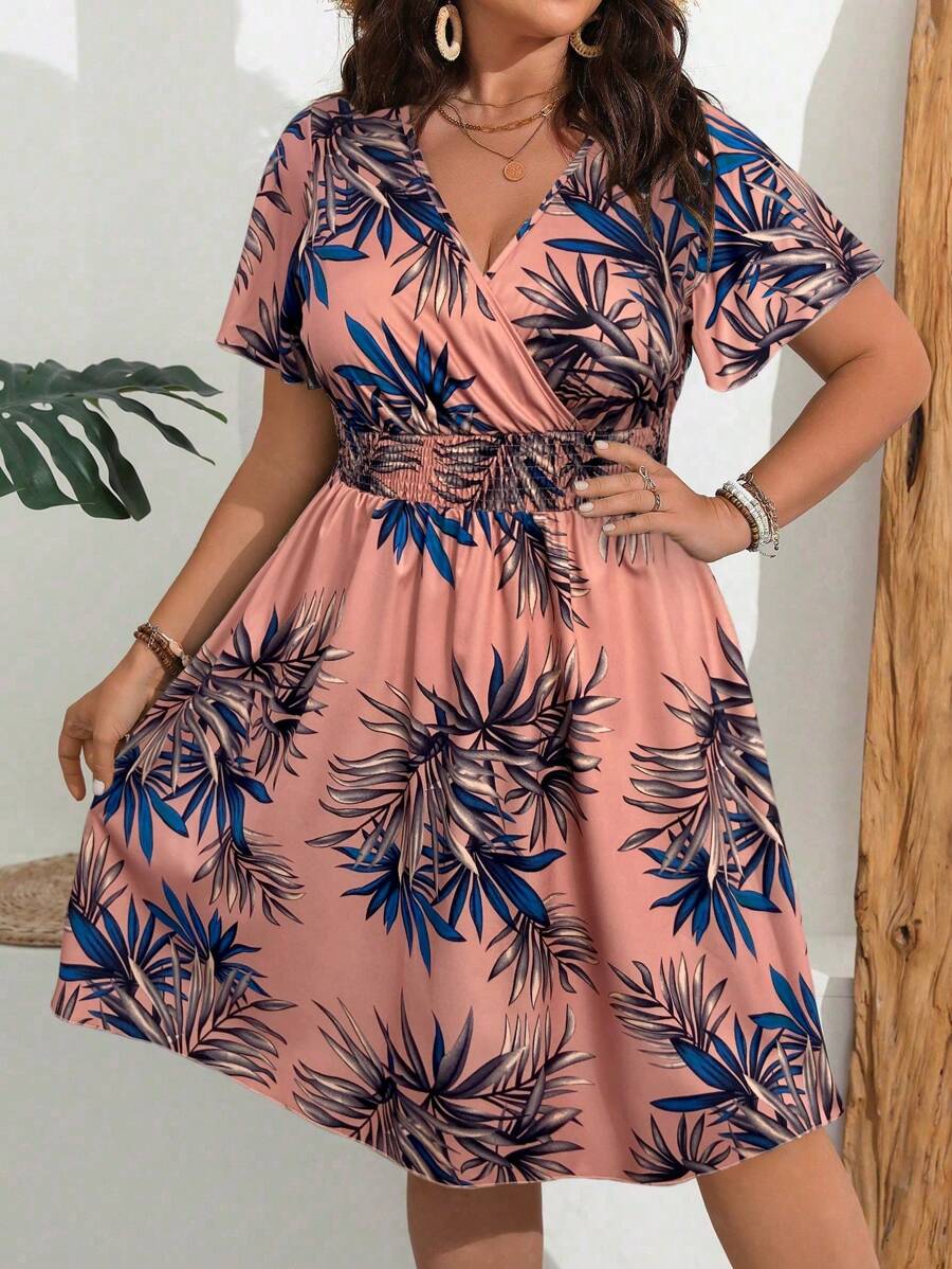 Franclia Vestido informal casual de talla grande para mujer con estampado de plantas tropicales y cinturón, ropa de resort