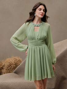 Anewsta Elegantes Chiffon Kleid mit geometrischem Muster und Langarm, geeignet für den Stadtbummel