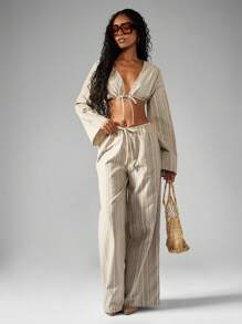 MISSGUIDED Blusa corta stile boho con lacci in vita, maniche a campana larghe, stile contadino, adatta per spiaggia, festival, vacanza, a righe in cotone casual da usare tutti i giorni